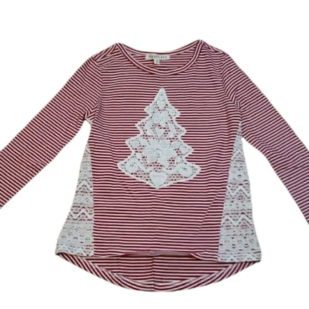 New! Girl's Christmas Shirt, Lace Tree, red stripe, candy cane